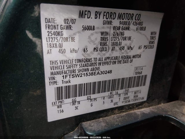 Aukcja sprzedaży 2008 Ford F-250 Xlt, vin: 1FTSW21538EA30248, numer aukcji: 45200806