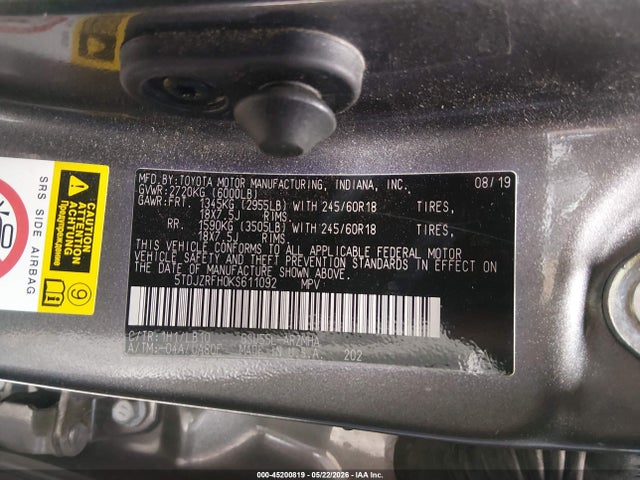 Aukcja sprzedaży 2019 Toyota Highlander Xle, vin: 5TDJZRFH0KS611092, numer aukcji: 45200819