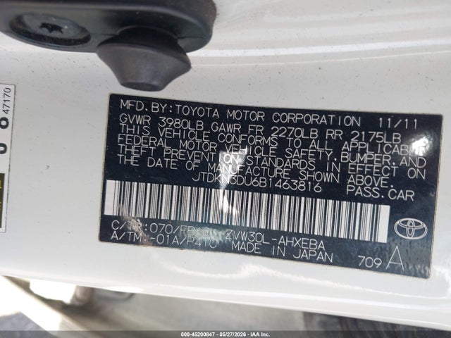45200847 :رقم المزاد ، JTDKN3DU6B1463816 vin ، 2011 Toyota Prius Two مزاد بيع