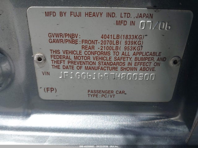 2007 Subaru Impreza 2.5i მანქანა იყიდება აუქციონზე, vin: JF1GG61697H800300, აუქციონის ნომერი: 45200863