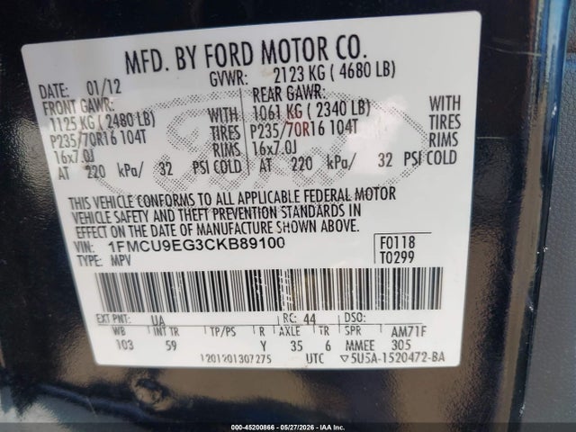 Aukcja sprzedaży 2012 Ford Escape Limited, vin: 1FMCU9EG3CKB89100, numer aukcji: 45200866