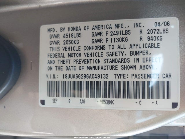 2006 Acura Tl მანქანა იყიდება აუქციონზე, vin: 19UUA66296A049132, აუქციონის ნომერი: 45200867