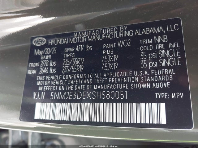 2025 Hyundai Tucson Limited მანქანა იყიდება აუქციონზე, vin: 5NMJE3DEXSH580051, აუქციონის ნომერი: 45200873