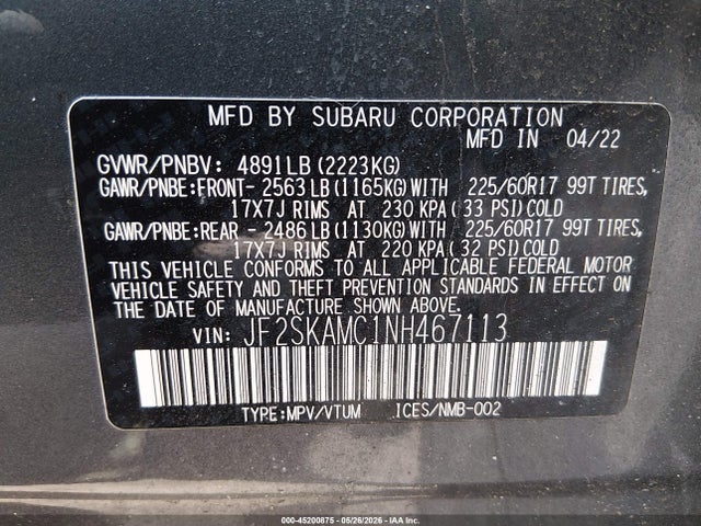 2022 Subaru Forester Wilderness მანქანა იყიდება აუქციონზე, vin: JF2SKAMC1NH467113, აუქციონის ნომერი: 45200875