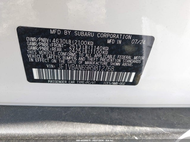 45200878 :رقم المزاد ، JF1VBAN69R9812768 vin ، 2024 Subaru Wrx Limited مزاد بيع