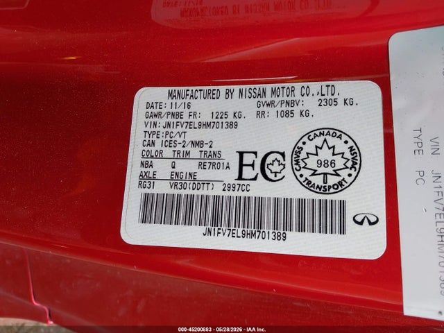 Aukcja sprzedaży 2017 Infiniti Q60 3.0t Red Sport 400, vin: JN1FV7EL9HM701389, numer aukcji: 45200883