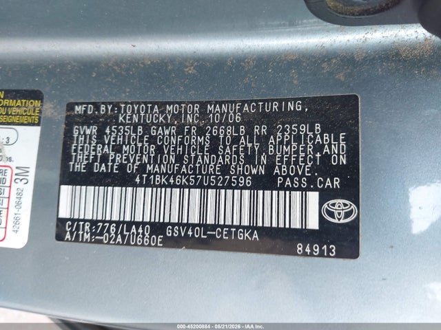Aukcja sprzedaży 2007 Toyota Camry Xle V6, vin: 4T1BK46K57U527596, numer aukcji: 45200884