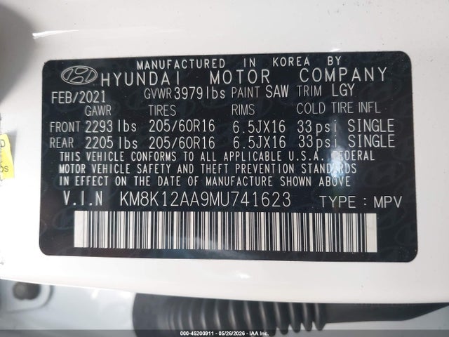 Aukcja sprzedaży 2021 Hyundai Kona Se, vin: KM8K12AA9MU741623, numer aukcji: 45200911