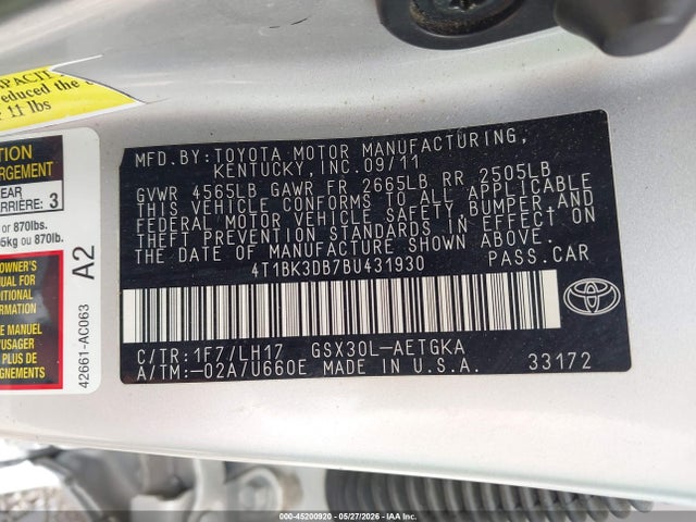 45200920 :رقم المزاد ، 4T1BK3DB7BU431930 vin ، 2011 Toyota Avalon مزاد بيع