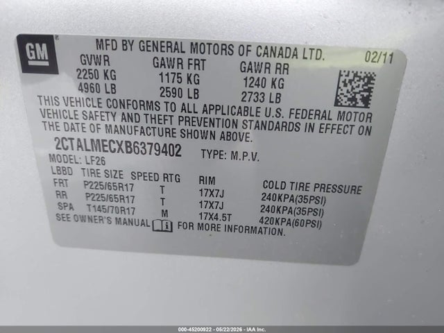 Aukcja sprzedaży 2011 Gmc Terrain Sle-1, vin: 2CTALMECXB6379402, numer aukcji: 45200922
