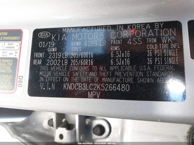 2019 Kia Niro Lx მანქანა იყიდება აუქციონზე, vin: KNDCB3LC2K5266480, აუქციონის ნომერი: 45200926