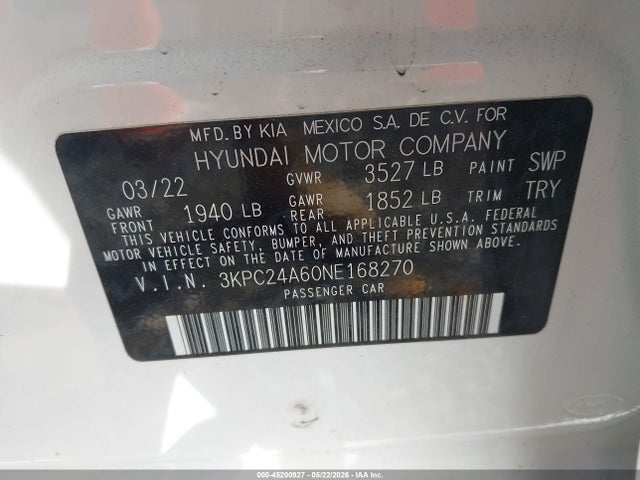 Продажа на аукционе авто 2022 Hyundai Accent Sel, vin: 3KPC24A60NE168270, номер лота: 45200927