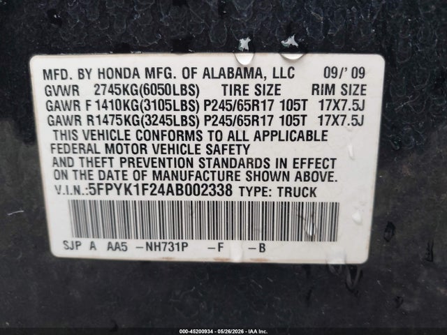 2010 Honda Ridgeline Rt მანქანა იყიდება აუქციონზე, vin: 5FPYK1F24AB002338, აუქციონის ნომერი: 45200934