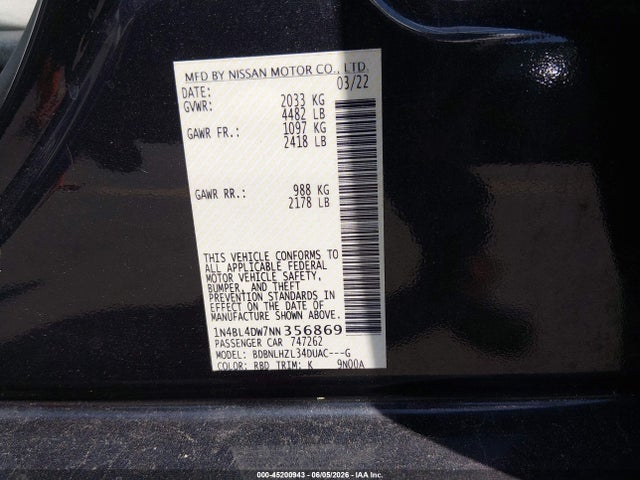 Продажа на аукционе авто 2022 Nissan Altima Sv Intelligent Awd, vin: 1N4BL4DW7NN356869, номер лота: 45200943