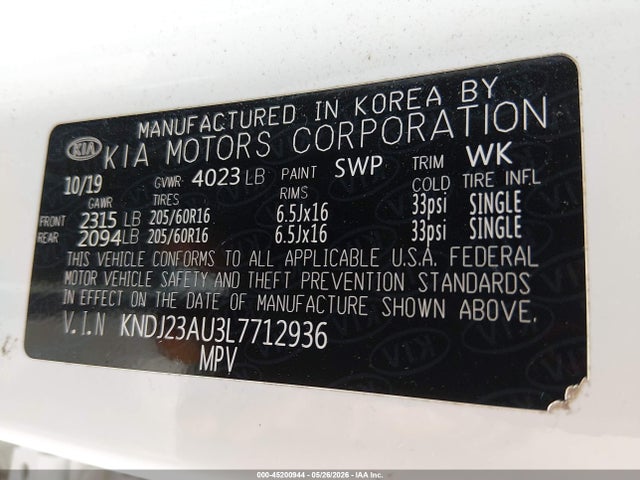 Aukcja sprzedaży 2020 Kia Soul S, vin: KNDJ23AU3L7712936, numer aukcji: 45200944