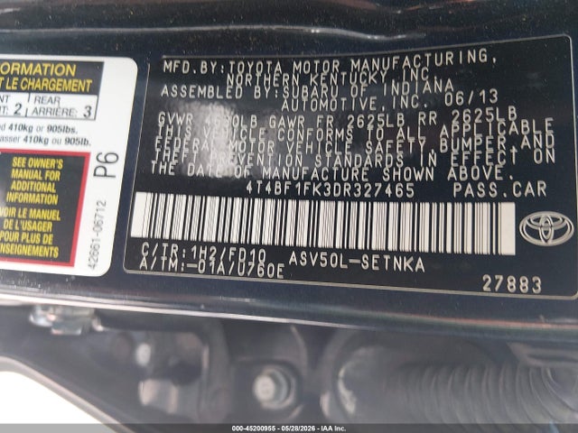 2013 Toyota Camry Le მანქანა იყიდება აუქციონზე, vin: 4T4BF1FK3DR327465, აუქციონის ნომერი: 45200955