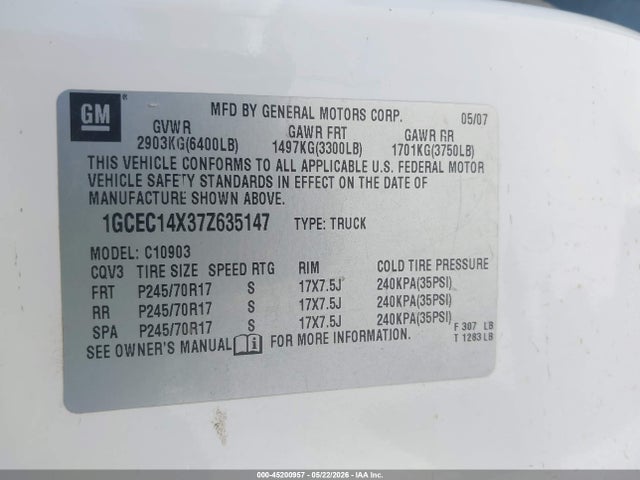 45200957 :رقم المزاد ، 1GCEC14X37Z635147 vin ، 2007 Chevrolet Silverado 1500 Work Truck مزاد بيع