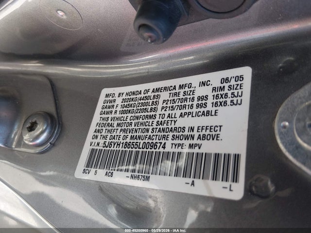 2005 Honda Element Ex მანქანა იყიდება აუქციონზე, vin: 5J6YH18655L009674, აუქციონის ნომერი: 45200960