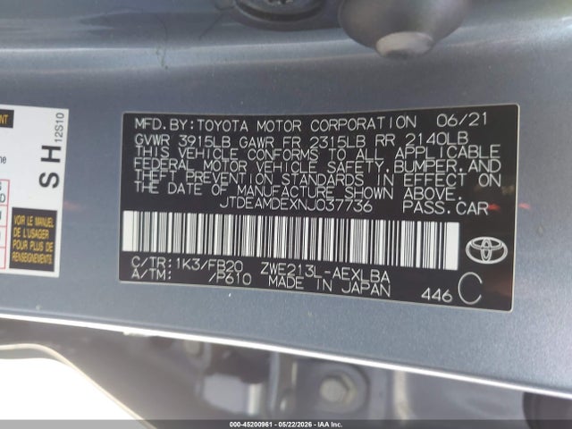 Aukcja sprzedaży 2022 Toyota Corolla Hybrid Le, vin: JTDEAMDEXNJ037736, numer aukcji: 45200961