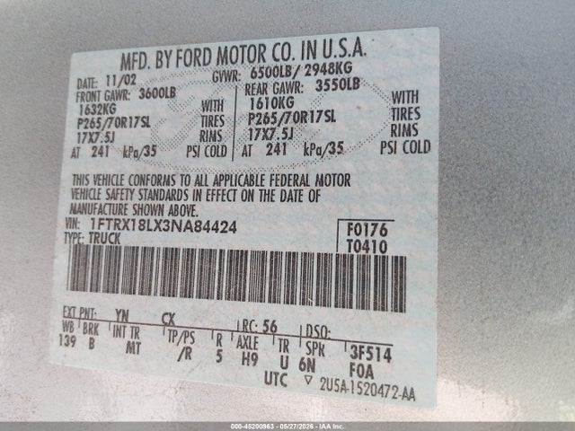 45200963 :رقم المزاد ، 1FTRX18LX3NA84424 vin ، 2003 Ford F-150 Lariat/xl/xlt مزاد بيع