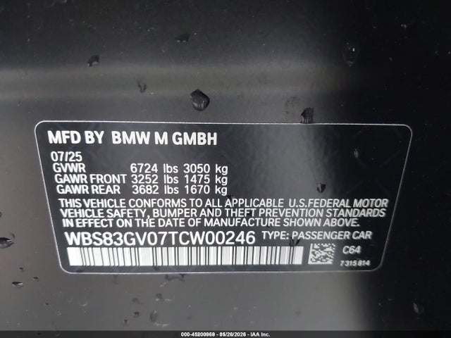 2026 Bmw M5 Touring მანქანა იყიდება აუქციონზე, vin: WBS83GV07TCW00246, აუქციონის ნომერი: 45200969