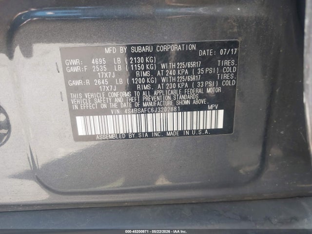 Продаж на аукціоні авто 2018 Subaru Outback 2.5i Premium, vin: 4S4BSAFC6J3202881, номер лоту: 45200971