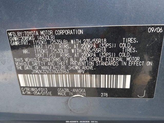45200976 :رقم المزاد ، JTMZK32V376003963 vin ، 2007 Toyota Rav4 Sport V6 مزاد بيع