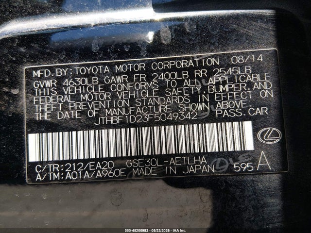 Aukcja sprzedaży 2015 Lexus Is 250, vin: JTHBF1D23F5049342, numer aukcji: 45200983