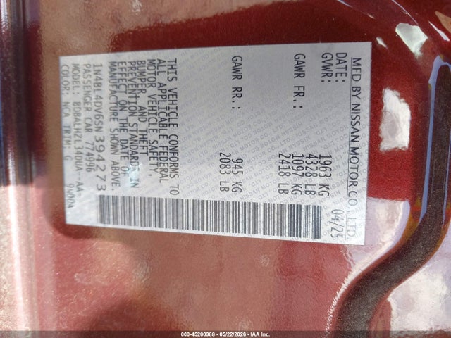 45200988 :رقم المزاد ، 1N4BL4DV6SN394273 vin ، 2025 Nissan Altima Sv Fwd مزاد بيع
