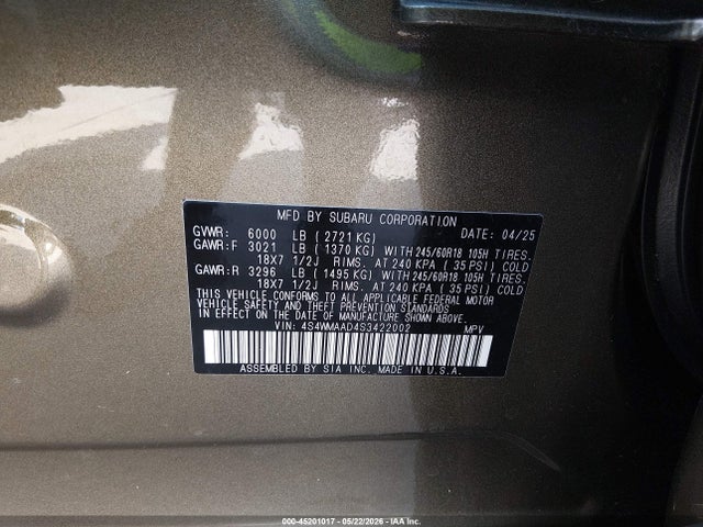 Продаж на аукціоні авто 2025 Subaru Ascent Premium 8-passenger, vin: 4S4WMAAD4S3422002, номер лоту: 45201017