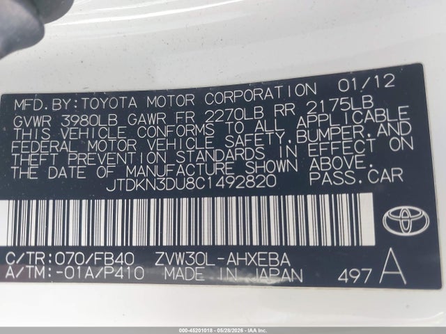 2012 Toyota Prius Two მანქანა იყიდება აუქციონზე, vin: JTDKN3DU8C1492820, აუქციონის ნომერი: 45201018