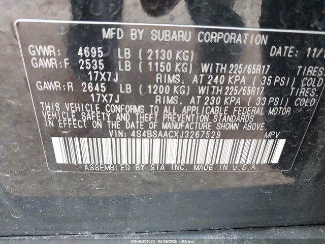 Продажа на аукционе авто 2018 Subaru Outback 2.5i, vin: 4S4BSAACXJ3267529, номер лота: 45201022