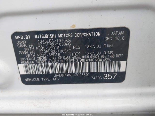 Aukcja sprzedaży 2017 Mitsubishi Outlander Sport 2.4 Gt/2.4 Sel, vin: JA4AR4AW1HZ023891, numer aukcji: 45201042