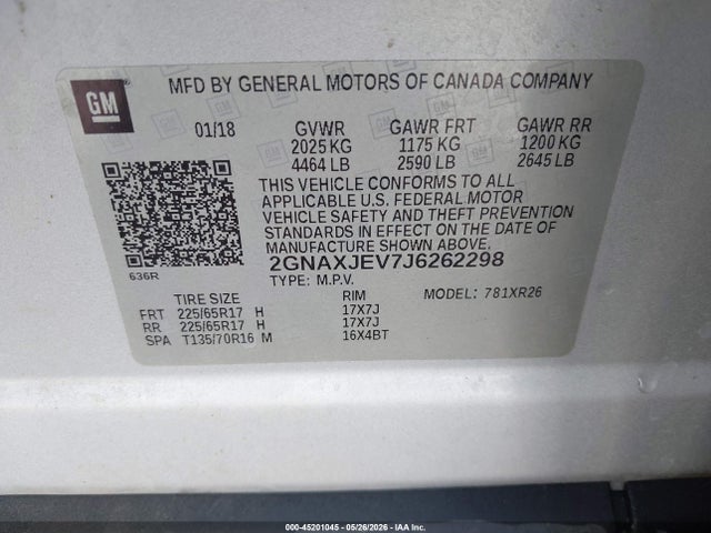 45201045 :رقم المزاد ، 2GNAXJEV7J6262298 vin ، 2018 Chevrolet Equinox Lt مزاد بيع