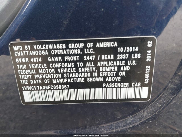 1VWCV7A36FC038367 Volkswagen Passat 2.0l Tdi Sel Premium