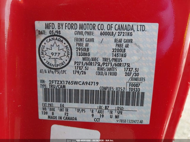 Aukcja sprzedaży 1998 Ford F-150 Lariat/standard/xl/xlt, vin: 2FTZX1765WCA94719, numer aukcji: 45201058