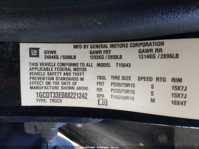 2008 Chevrolet Colorado Lt მანქანა იყიდება აუქციონზე, vin: 1GCDT33E088221242, აუქციონის ნომერი: 45201068