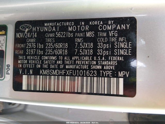Hyundai Santa Fe Gls 2015 KM8SMDHFXFU101623 Image 9