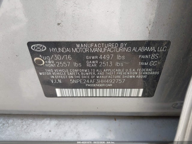 Продажа на аукционе авто 2017 Hyundai Sonata, vin: 5NPE24AF3HH492757, номер лота: 45201078