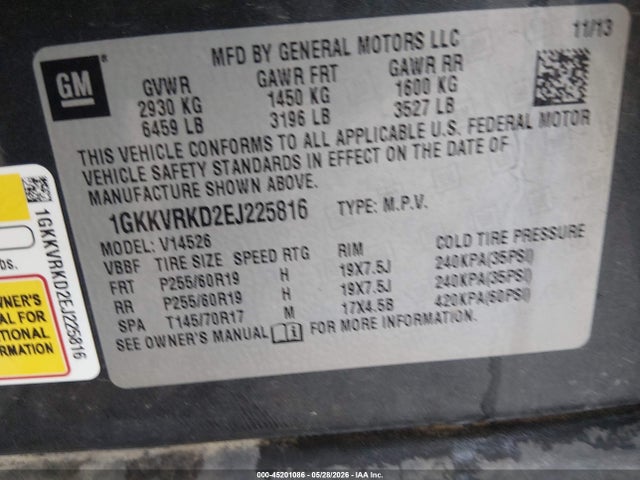 Продаж на аукціоні авто 2014 Gmc Acadia Slt-1, vin: 1GKKVRKD2EJ225816, номер лоту: 45201086