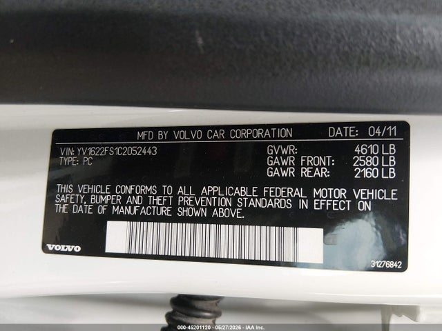 Aukcja sprzedaży 2012 Volvo S60 T5, vin: YV1622FS1C2052443, numer aukcji: 45201120