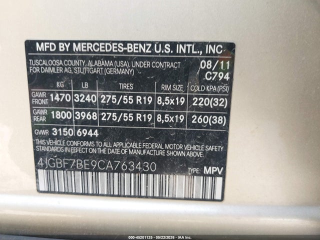 45201125 :رقم المزاد ، 4JGBF7BE9CA763430 vin ، 2012 Mercedes-benz Gl 450 4matic مزاد بيع