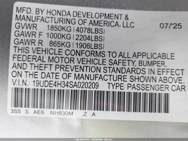 Aukcja sprzedaży 2025 Acura Integra A-spec, vin: 19UDE4H34SA020209, numer aukcji: 45201141