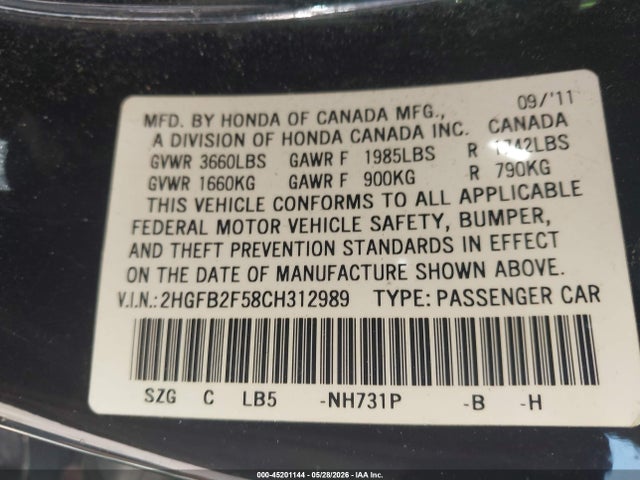 Aukcja sprzedaży 2012 Honda Civic Lx, vin: 2HGFB2F58CH312989, numer aukcji: 45201144