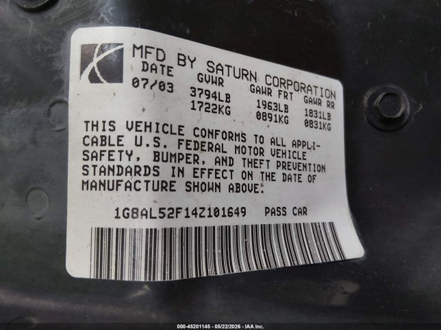 Aukcja sprzedaży 2004 Saturn Ion 3, vin: 1G8AL52F14Z101649, numer aukcji: 45201145