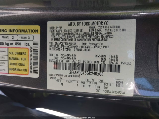 Aukcja sprzedaży 2016 Ford Fusion S, vin: 3FA6P0G75GR240508, numer aukcji: 45201146
