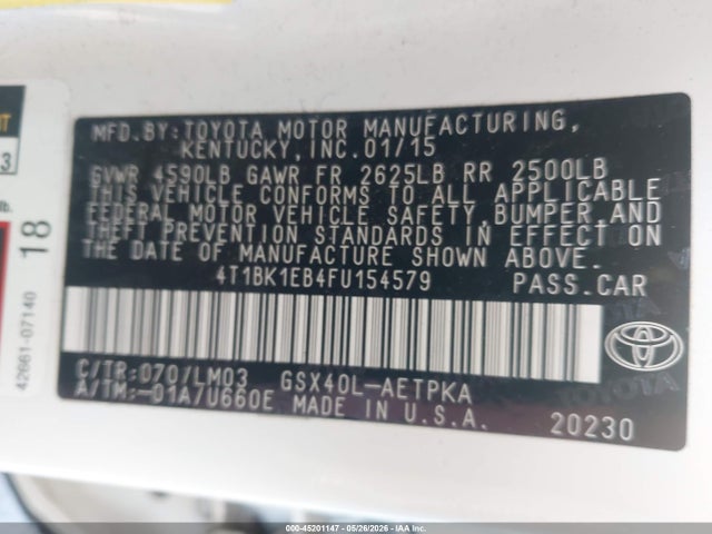 2015 Toyota Avalon Limited მანქანა იყიდება აუქციონზე, vin: 4T1BK1EB4FU154579, აუქციონის ნომერი: 45201147