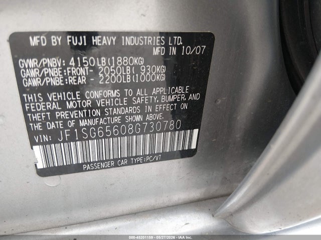 45201159 :رقم المزاد ، JF1SG65608G730780 vin ، 2008 Subaru Forester 2.5x مزاد بيع