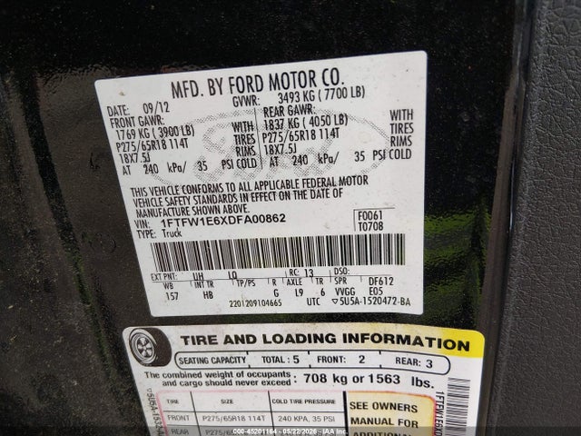 45201164 :رقم المزاد ، 1FTFW1E6XDFA00862 vin ، 2013 Ford F-150 Lariat مزاد بيع