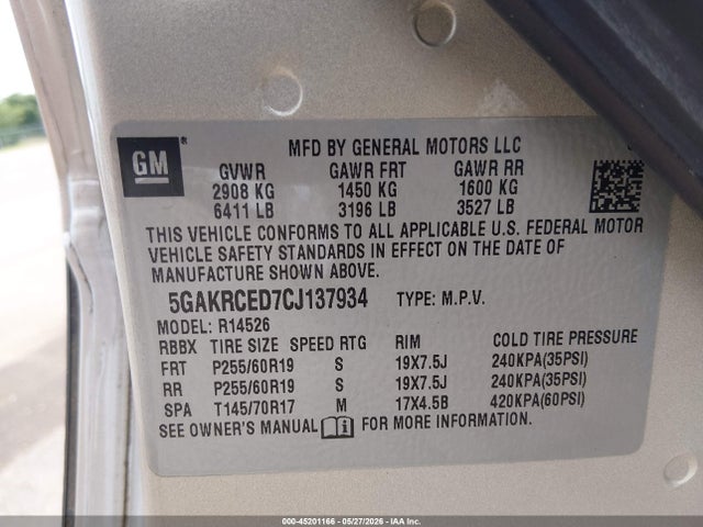 2012 Buick Enclave Leather მანქანა იყიდება აუქციონზე, vin: 5GAKRCED7CJ137934, აუქციონის ნომერი: 45201166